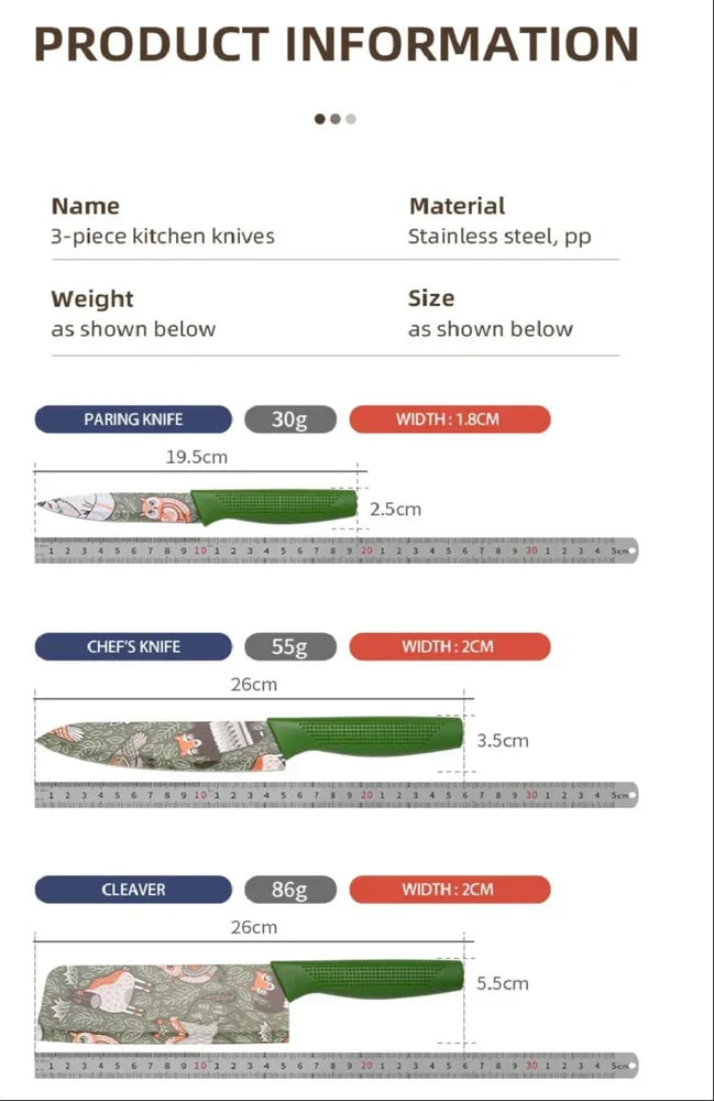 3 Pcs Sharp Printed Knife Set
