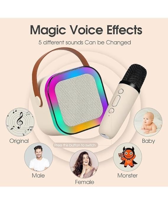 Mini Karaoke (Beige – Color) Mic with Speaker, Wireless & Bluetooth V5.1 + Type C Fast Charging Port + RGB Lights with Changing Modes + 5 Voice Change Effects, for Kids, Party, Singing