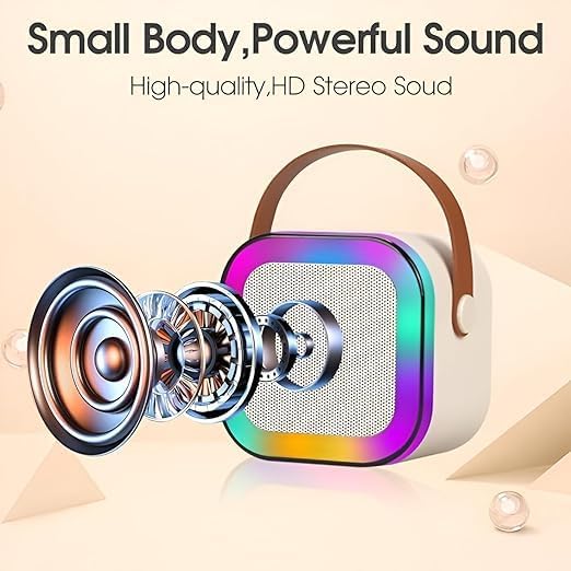 Mini Karaoke (Beige – Color) Mic with Speaker, Wireless & Bluetooth V5.1 + Type C Fast Charging Port + RGB Lights with Changing Modes + 5 Voice Change Effects, for Kids, Party, Singing
