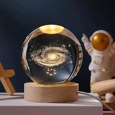3D Galaxy Crystal Ball Night Lamp - Engraved USB Table LED Wooden Light for Home Office Decoration and Birthday Gift (Galaxy)(Warm White)