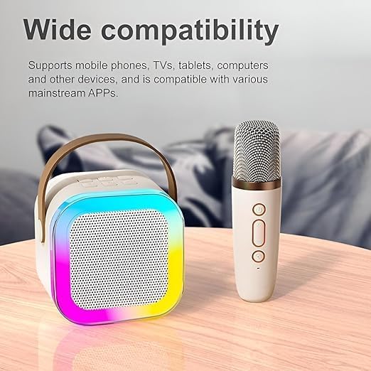 Mini Karaoke (Beige – Color) Mic with Speaker, Wireless & Bluetooth V5.1 + Type C Fast Charging Port + RGB Lights with Changing Modes + 5 Voice Change Effects, for Kids, Party, Singing