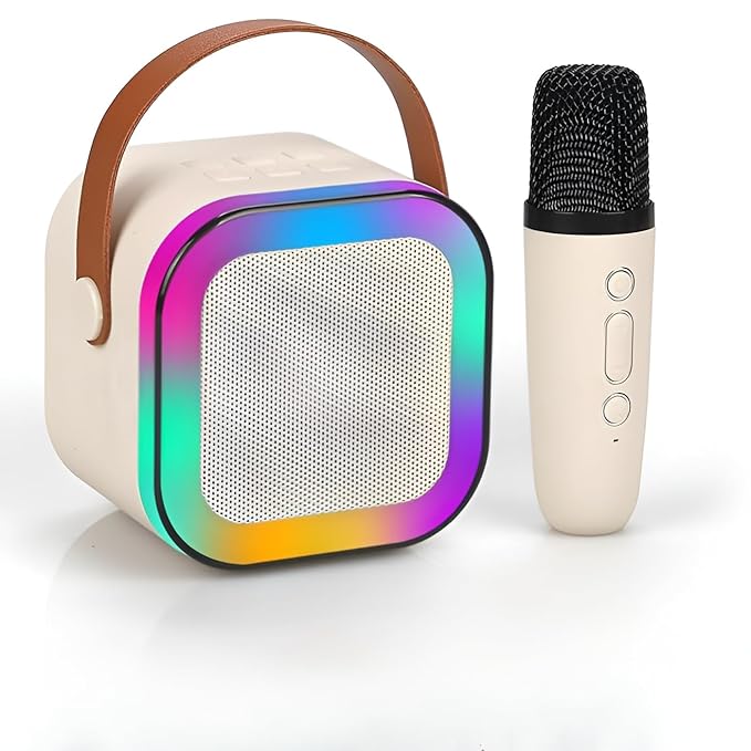 Mini Karaoke (Beige – Color) Mic with Speaker, Wireless & Bluetooth V5.1 + Type C Fast Charging Port + RGB Lights with Changing Modes + 5 Voice Change Effects, for Kids, Party, Singing