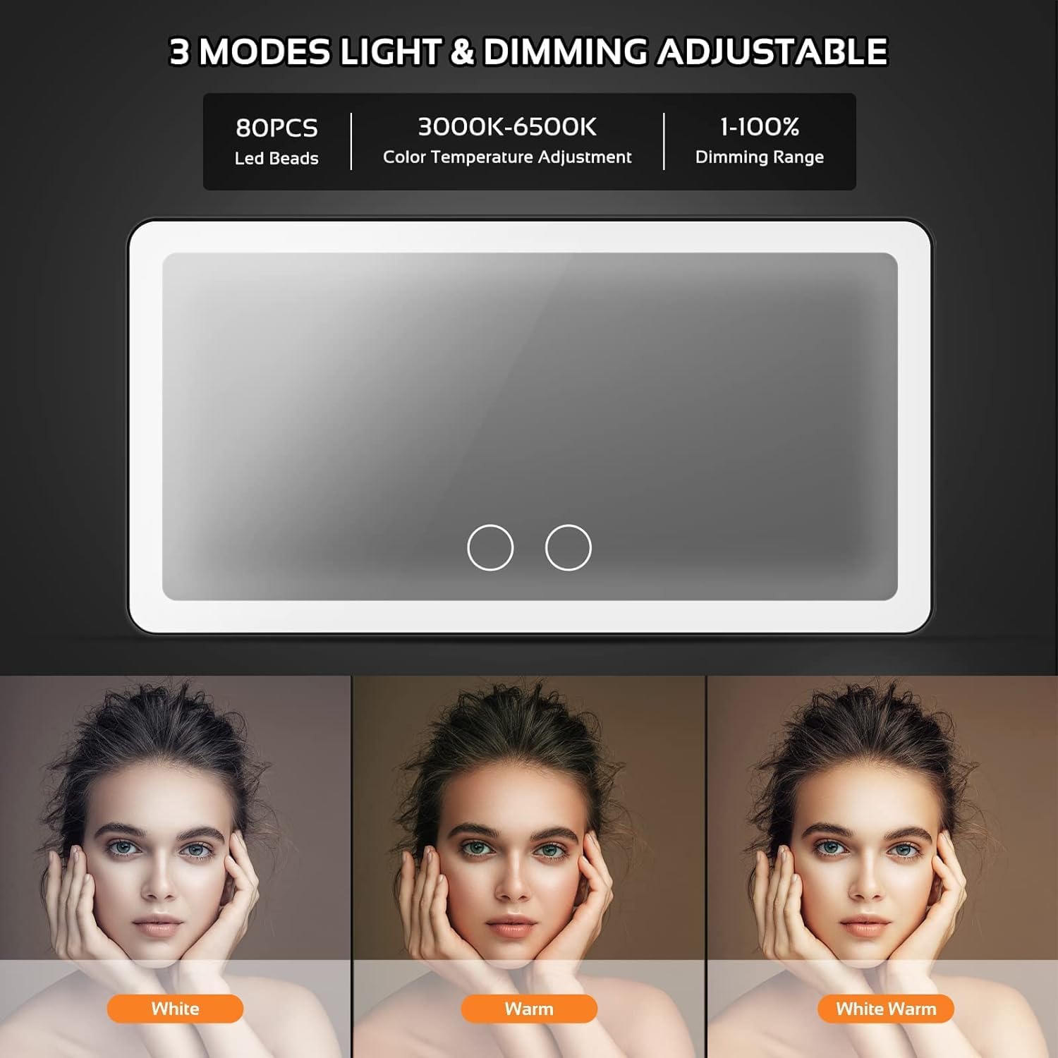 Car Sun Visor Mounted Led Vanity Mirror with 3 Light Modes and 80 Leds, Rechargeable Makeup Mirror - Dimmable Touch Control, Light Up Mirror Universal