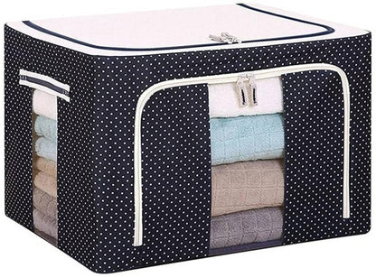 Cloth Storage Box, 66L, Polka Dots Design, Oxford Fabric, Foldable, with Reinforced Handle and Sturdy Zipper, Blue