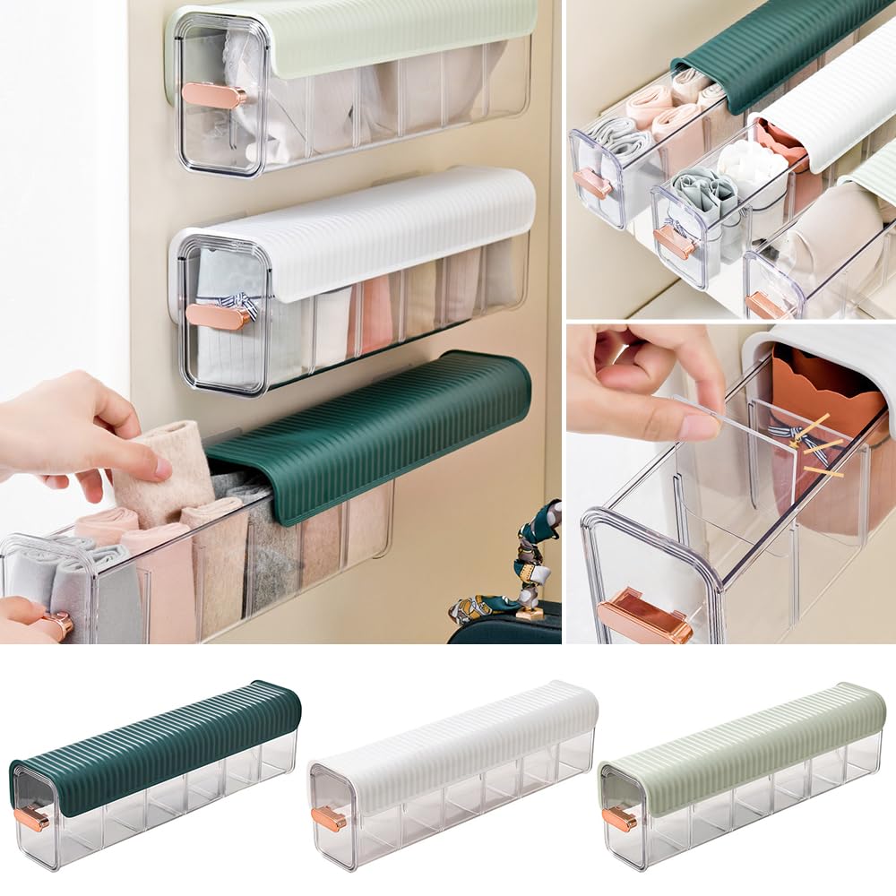HomeCloud Drawer Socks Organizer Divider, Wall Mount 6 Cell Drawer Storage Boxes And Acrylic Organizers For Lingerie, Socks, Ties, Data Cable, Spices Organization (Green)