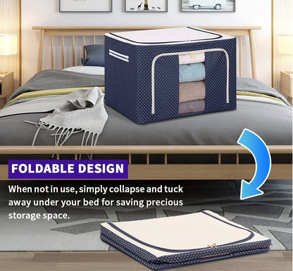 Cloth Storage Box, 66L, Polka Dots Design, Oxford Fabric, Foldable, with Reinforced Handle and Sturdy Zipper, Blue