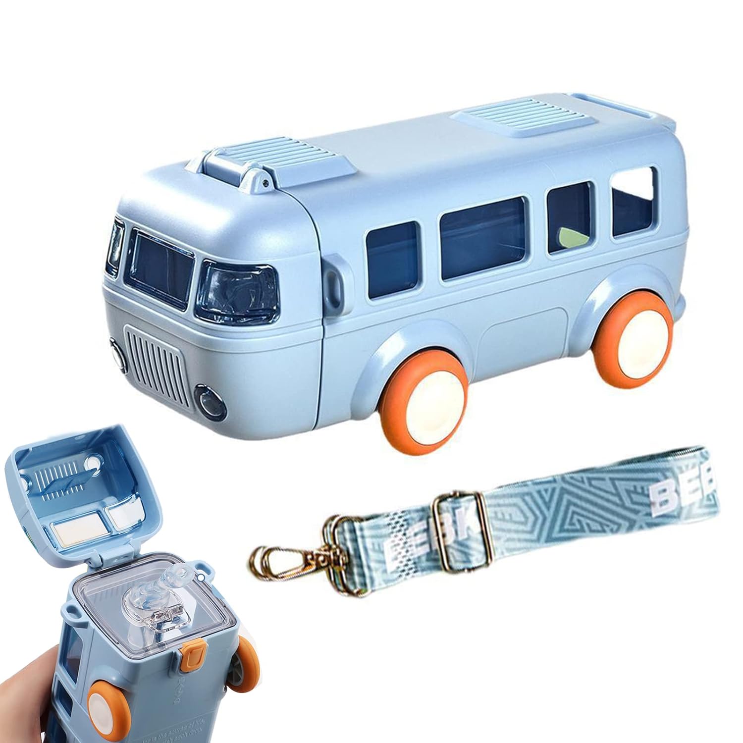 Bus Water Bottle，School Bus Water Bottle With Wheels，With Shoulder Strap Children'S Small Car Straw Water Cup 500ml (blue)