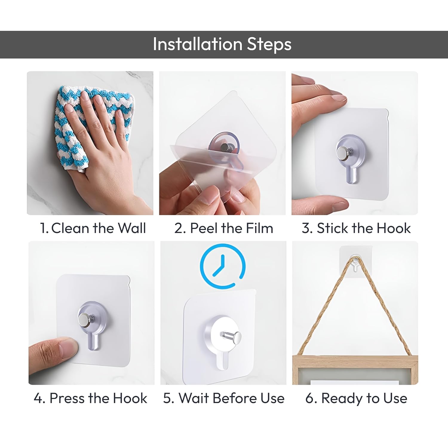 Photo Frame Hooks for Wall Without Drilling, 10 Pack Self Adhesive Hooks for Wall Heavy Duty Strong Nail Free for Hanging Photo Frame (Hanging Hook, Transparent) Stainless Steel