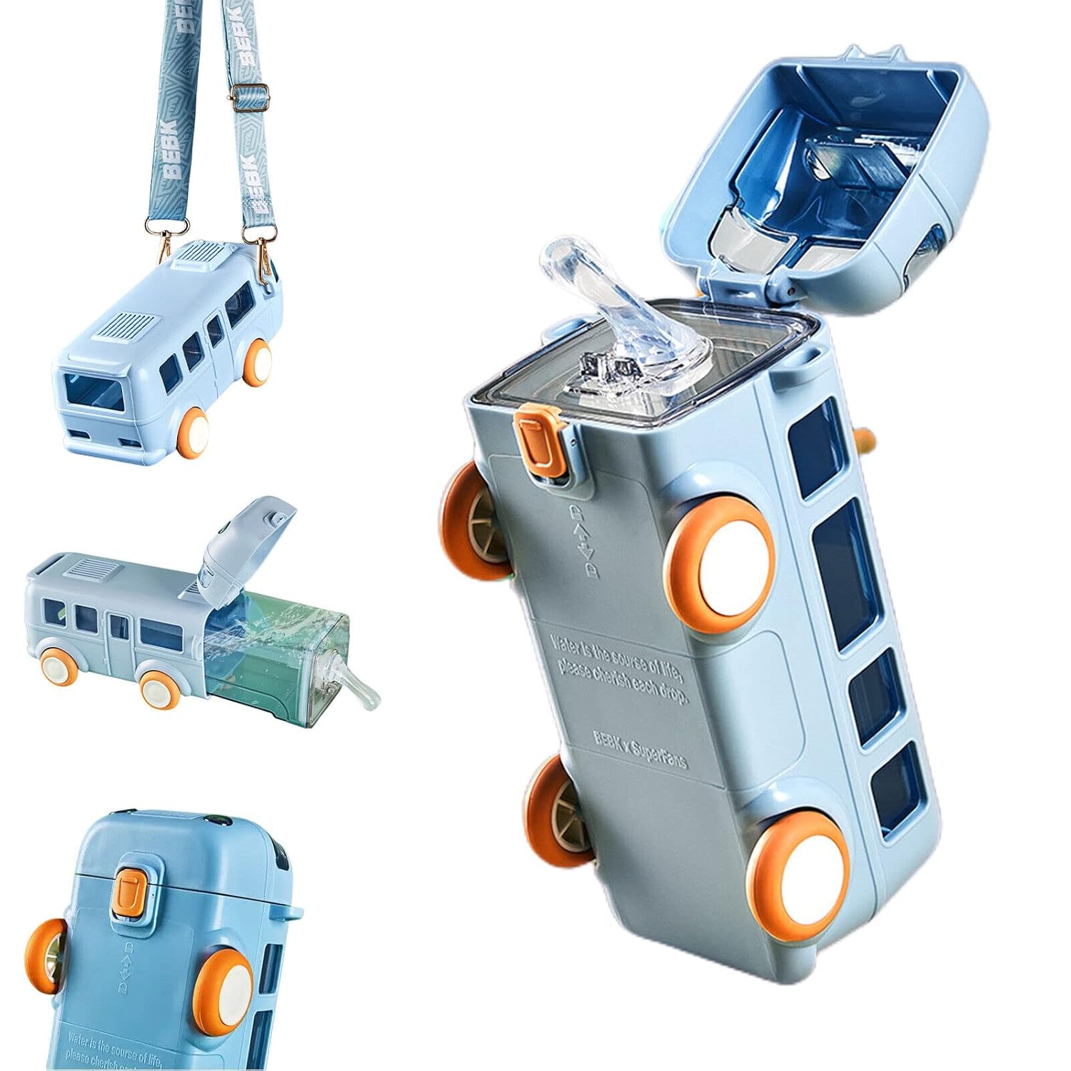 Bus Water Bottle，School Bus Water Bottle With Wheels，With Shoulder Strap Children'S Small Car Straw Water Cup 500ml (blue)