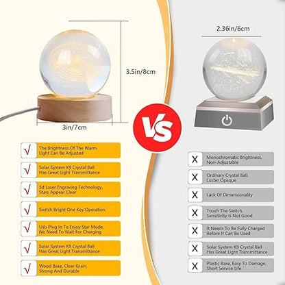 3D Galaxy Crystal Ball Night Lamp - Engraved USB Table LED Wooden Light for Home Office Decoration and Birthday Gift (Galaxy)(Warm White)