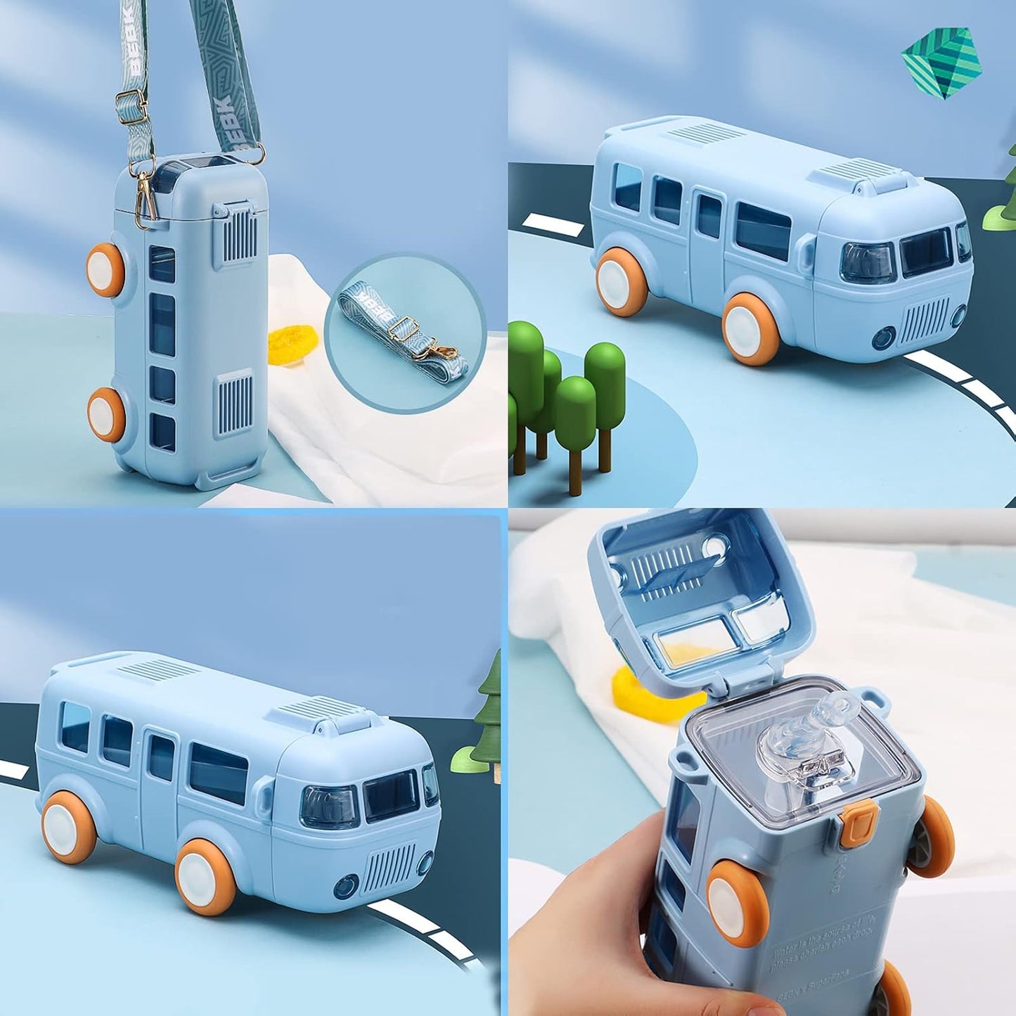 Bus Water Bottle，School Bus Water Bottle With Wheels，With Shoulder Strap Children'S Small Car Straw Water Cup 500ml (blue)