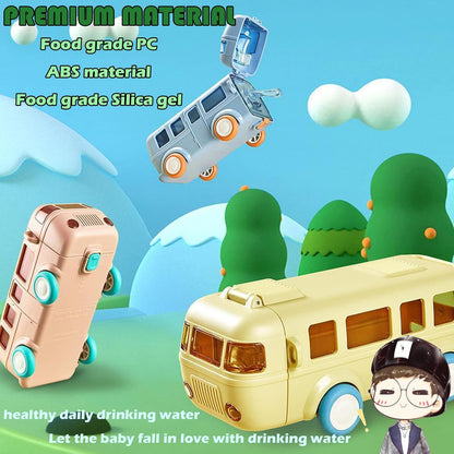 Bus Water Bottle，School Bus Water Bottle With Wheels，With Shoulder Strap Children'S Small Car Straw Water Cup 500ml (blue)