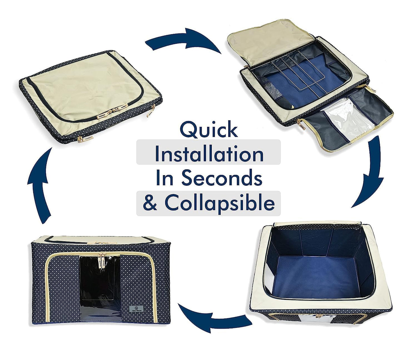 Cloth Storage Box, 66L, Polka Dots Design, Oxford Fabric, Foldable, with Reinforced Handle and Sturdy Zipper, Blue