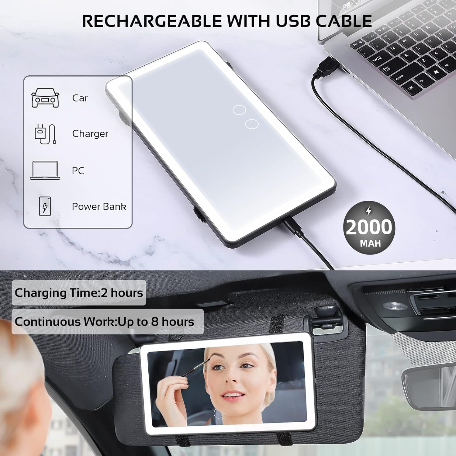 Car Sun Visor Mounted Led Vanity Mirror with 3 Light Modes and 80 Leds, Rechargeable Makeup Mirror - Dimmable Touch Control, Light Up Mirror Universal