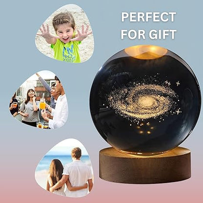 3D Galaxy Crystal Ball Night Lamp - Engraved USB Table LED Wooden Light for Home Office Decoration and Birthday Gift (Galaxy)(Warm White)