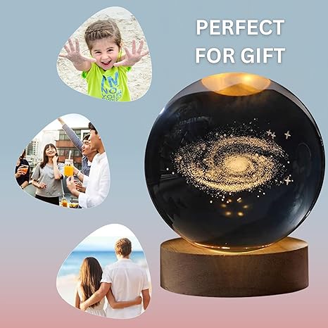 3D Galaxy Crystal Ball Night Lamp - Engraved USB Table LED Wooden Light for Home Office Decoration and Birthday Gift (Galaxy)(Warm White)