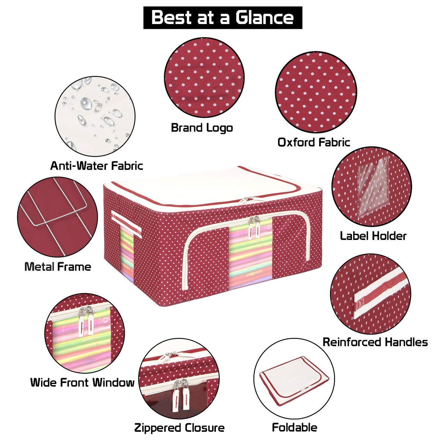 Cloth Storage Box, 66L, Polka Dots Design, Oxford Fabric, Foldable, with Reinforced Handle and Sturdy Zipper, Blue