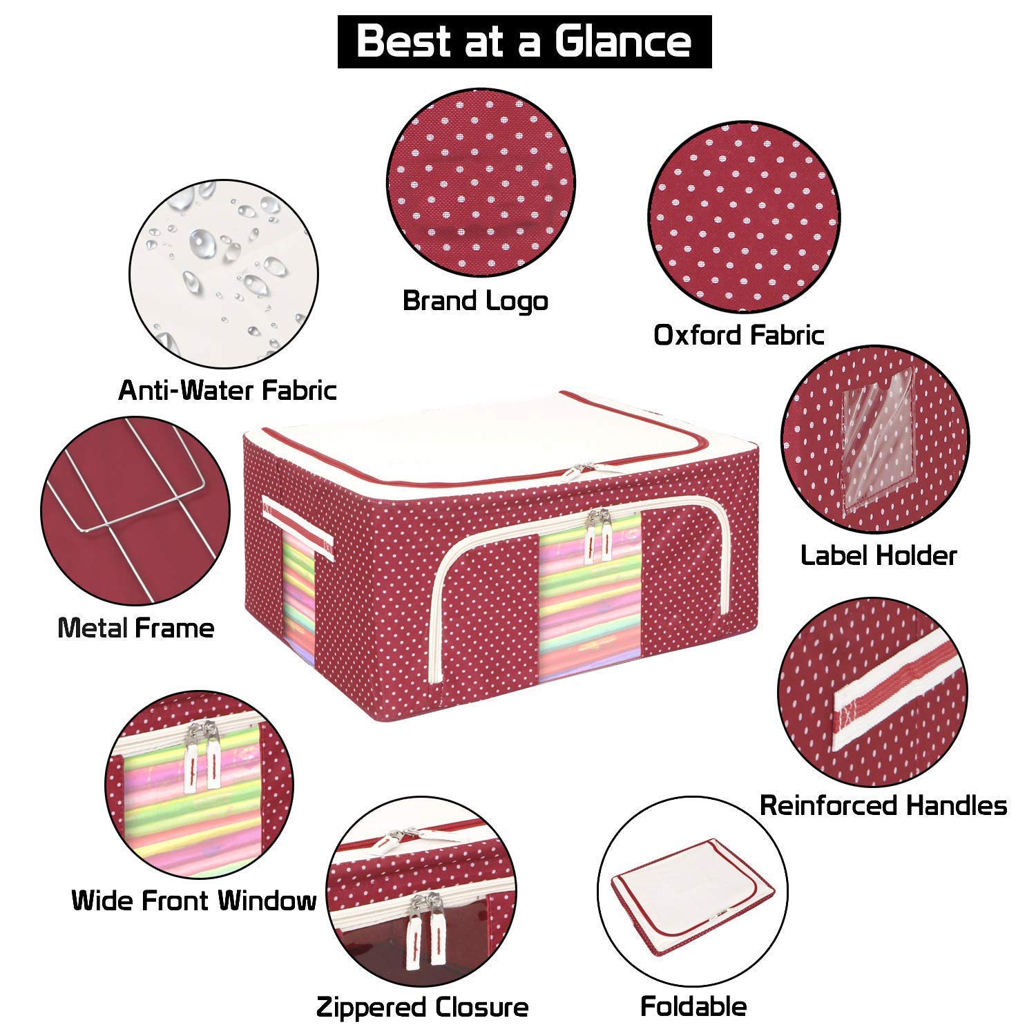 Cloth Storage Box, 66L, Polka Dots Design, Oxford Fabric, Foldable, with Reinforced Handle and Sturdy Zipper, Blue