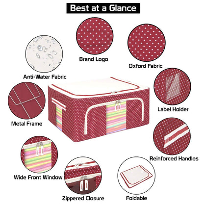 Cloth Storage Box, 66L, Polka Dots Design, Oxford Fabric, Foldable, with Reinforced Handle and Sturdy Zipper, Blue