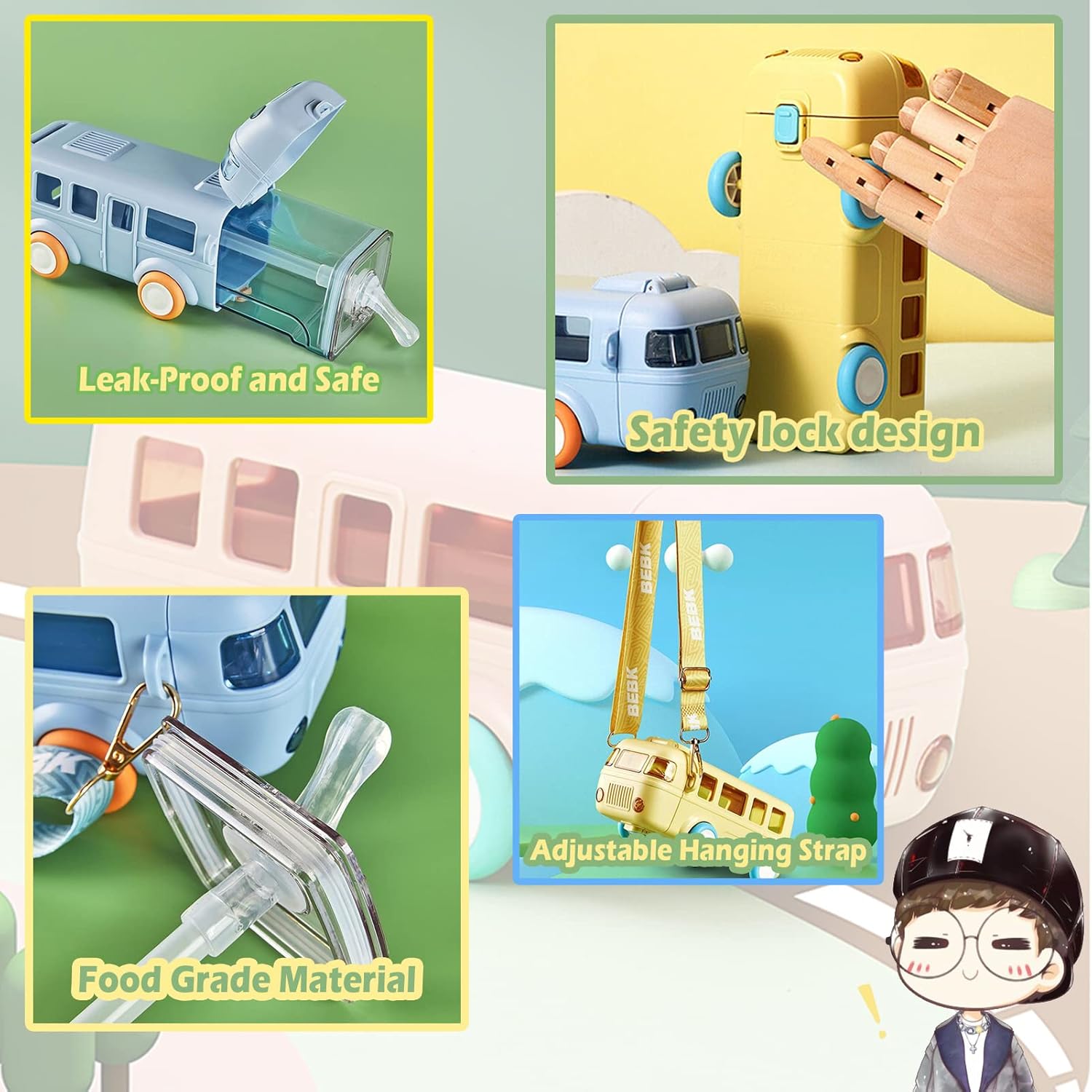 Bus Water Bottle，School Bus Water Bottle With Wheels，With Shoulder Strap Children'S Small Car Straw Water Cup 500ml (blue)