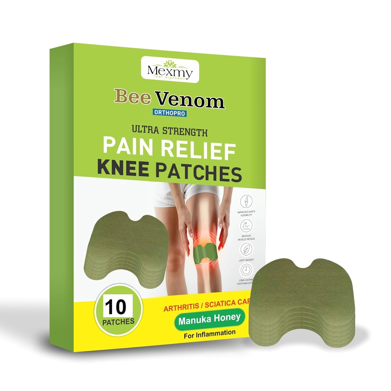Mexmy Original Herbal Knee Patch - Wellknee Plaster for Knee Support & Muscle Pain - Maximum Strength for a Temporary Relief - Adhesive Heat Patches Made with Natural Herbs for Wellness (10 Pads)