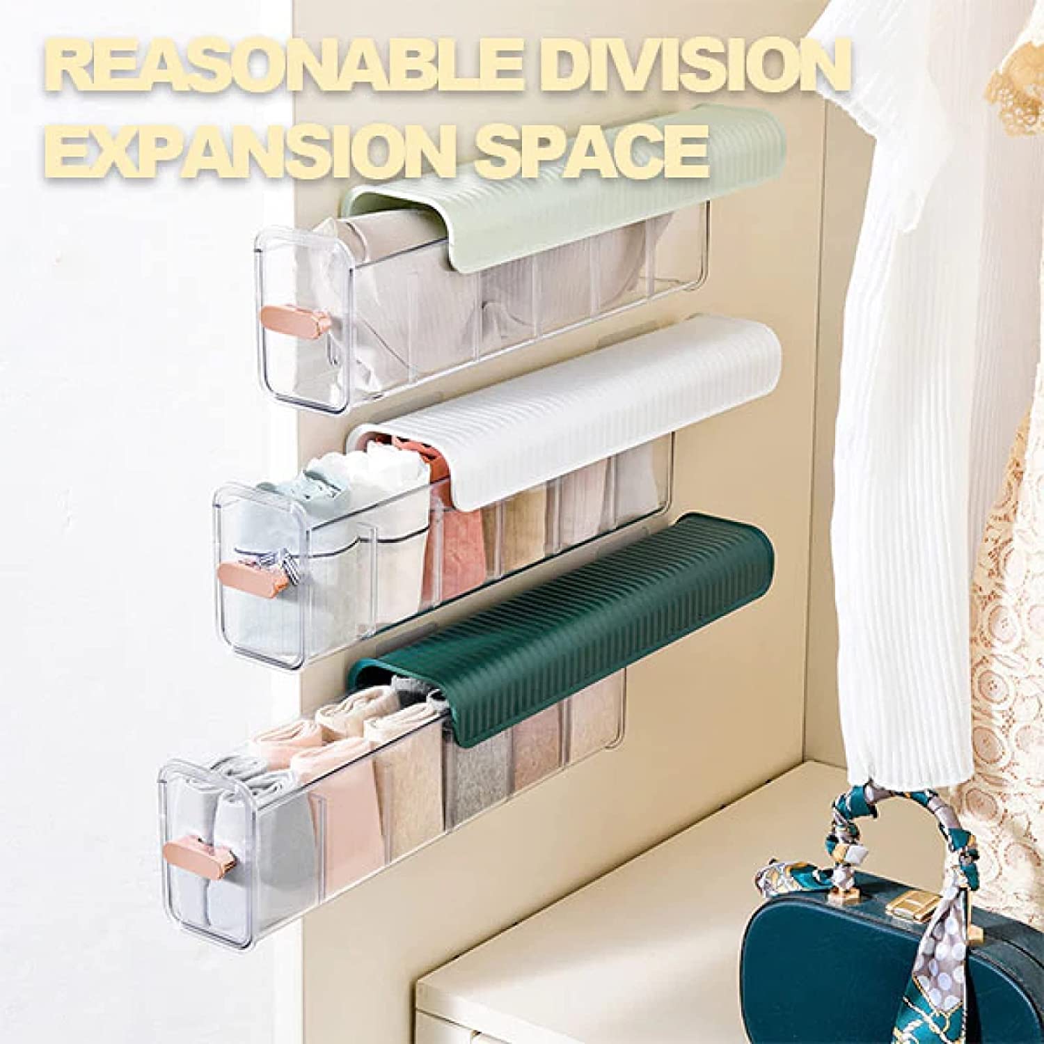 HomeCloud Drawer Socks Organizer Divider, Wall Mount 6 Cell Drawer Storage Boxes And Acrylic Organizers For Lingerie, Socks, Ties, Data Cable, Spices Organization (Green)