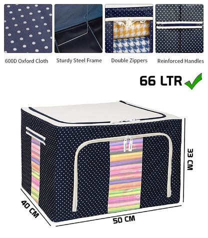 Cloth Storage Box, 66L, Polka Dots Design, Oxford Fabric, Foldable, with Reinforced Handle and Sturdy Zipper, Blue