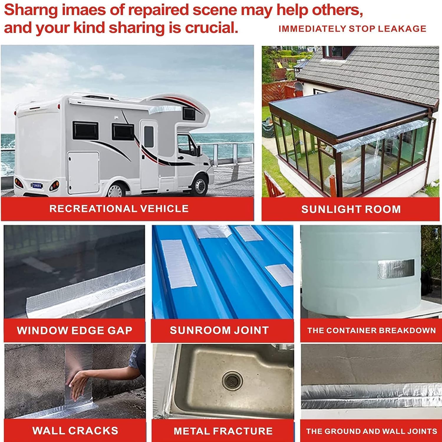 Leakage Repair Waterproof Tape for Pipe Leakage Roof Water Leakage Solution Aluminum Foil Tape Waterproof Adhesive Tape Sealing Butyl Rubber Tape for Surface Crack, Pipe Repair 2Inch 5M