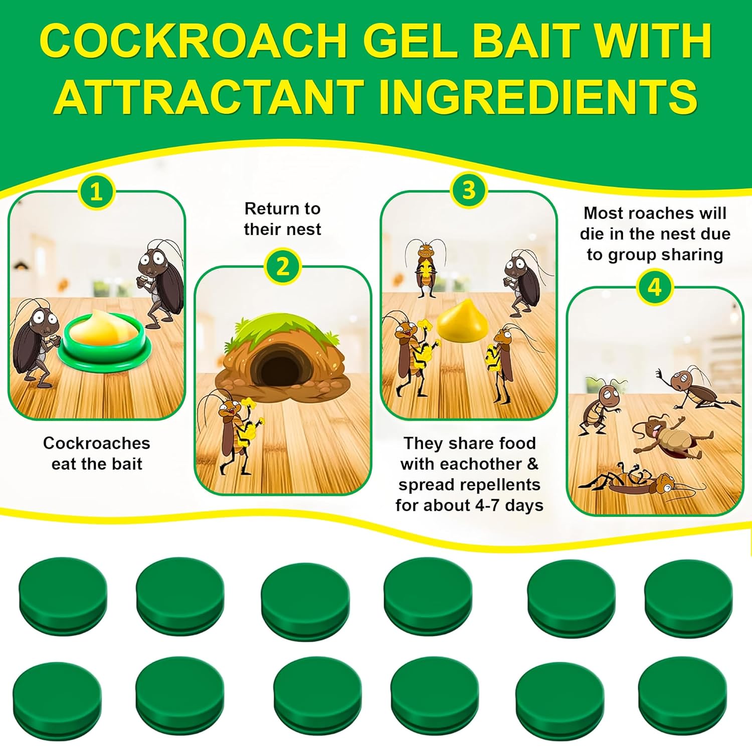 Natural Cockroach Killer for Kitchens, Bathrooms, and Cabinets, Cockroach Killer Gel (Pack of 12)